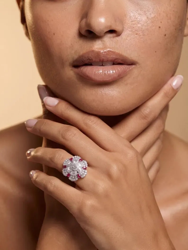 925 sterling silver rings, pink pear-cut CZ petals and white baguette center close-up