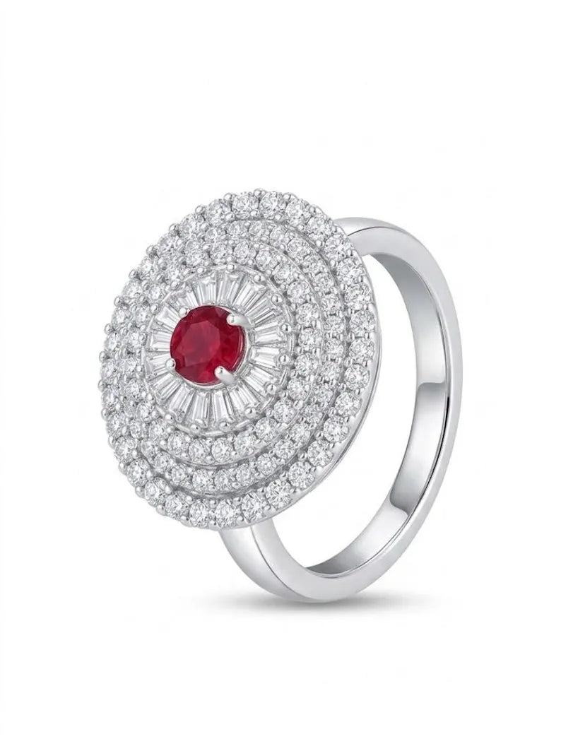 Vintage Ruby Statement Ring with Baguette Halo Setting