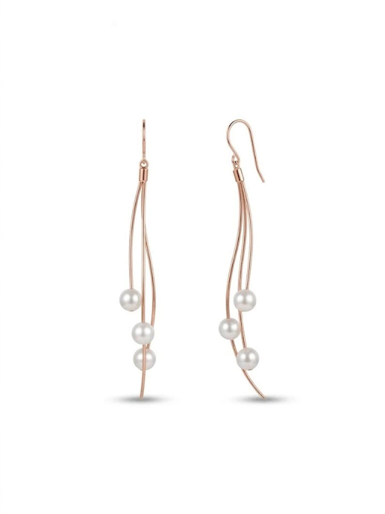 Pearl Wave Dangle Earrings — 925 Sterling Silver Pearl Drop Earrings, Modern Bridal Threader Style
