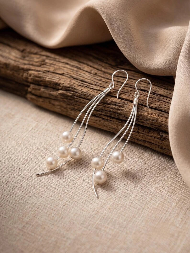 Pearl Wave Dangle Earrings — 925 Sterling Silver Pearl Drop Earrings, Modern Bridal Threader Style