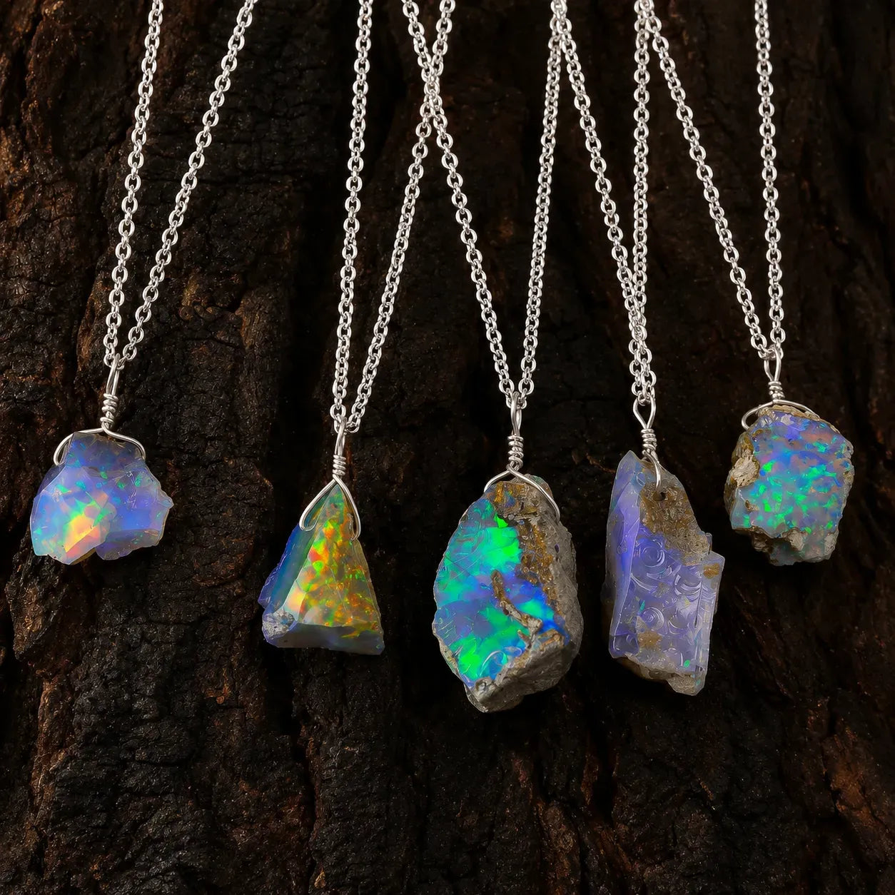 Five opal necklaces on silver chains against a dark wooden background