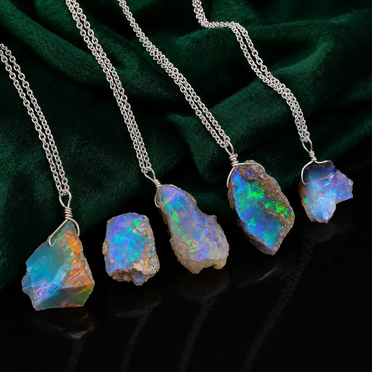 Opal pendants on silver chains against a dark green fabric background