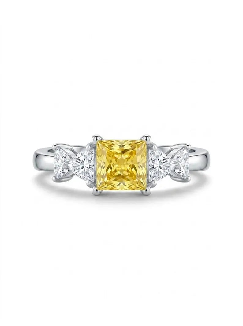 Yellow Canary CZ Three Stone Engagement Ring in 925 Sterling Silver