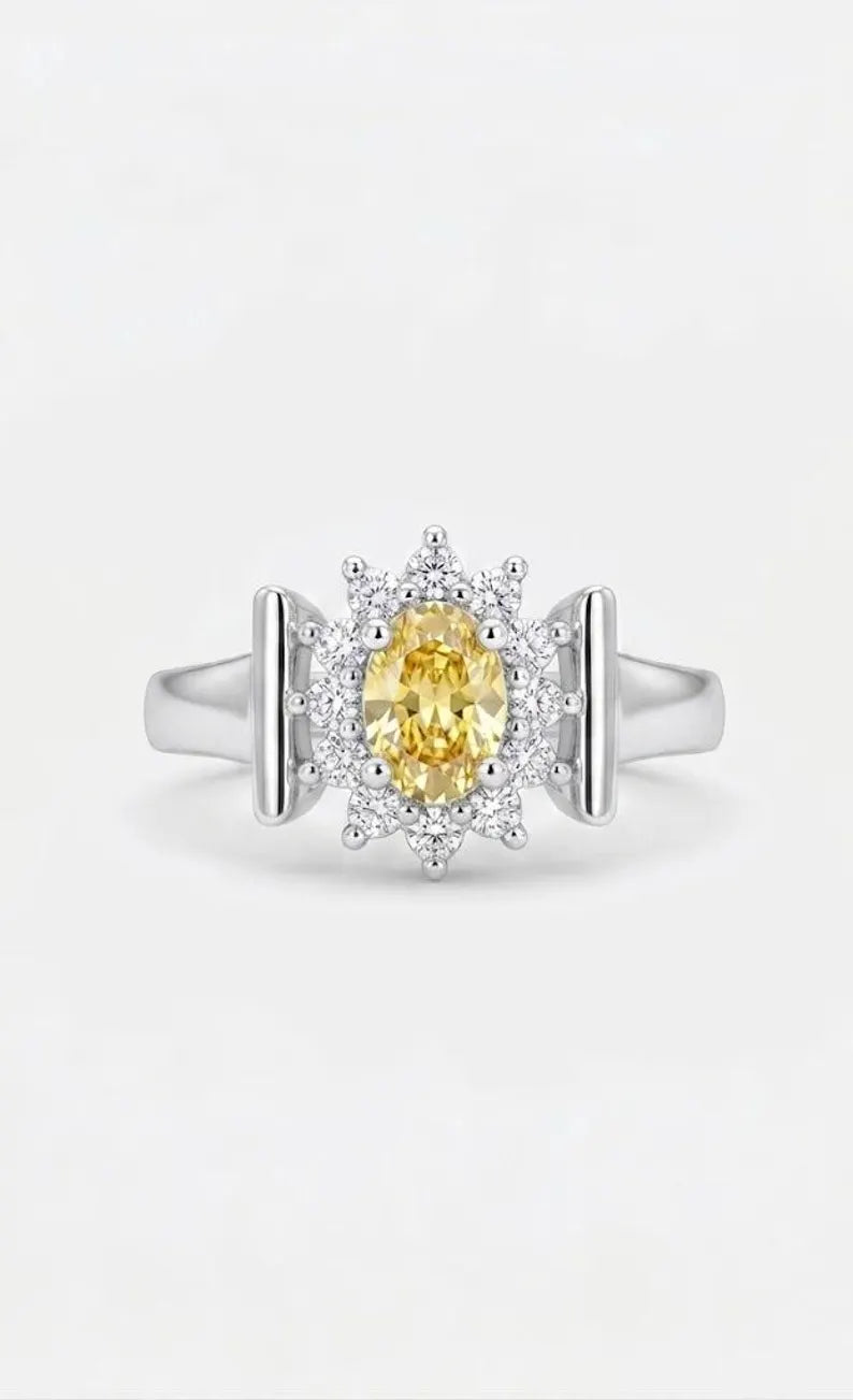 Front view of 925 sterling silver yellow oval cubic zirconia halo ring with vintage inspired design